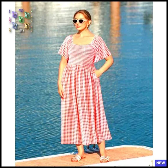 Square Neck Short Sleeve Smocked Maxi Dress Floral A-Line Plus Size Pocket - Picture 4 of 5